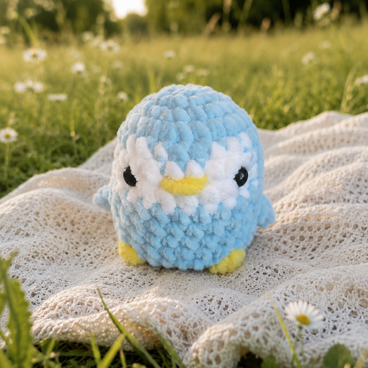 Peluche « Pingi » petite - Blanche/Bleu clair